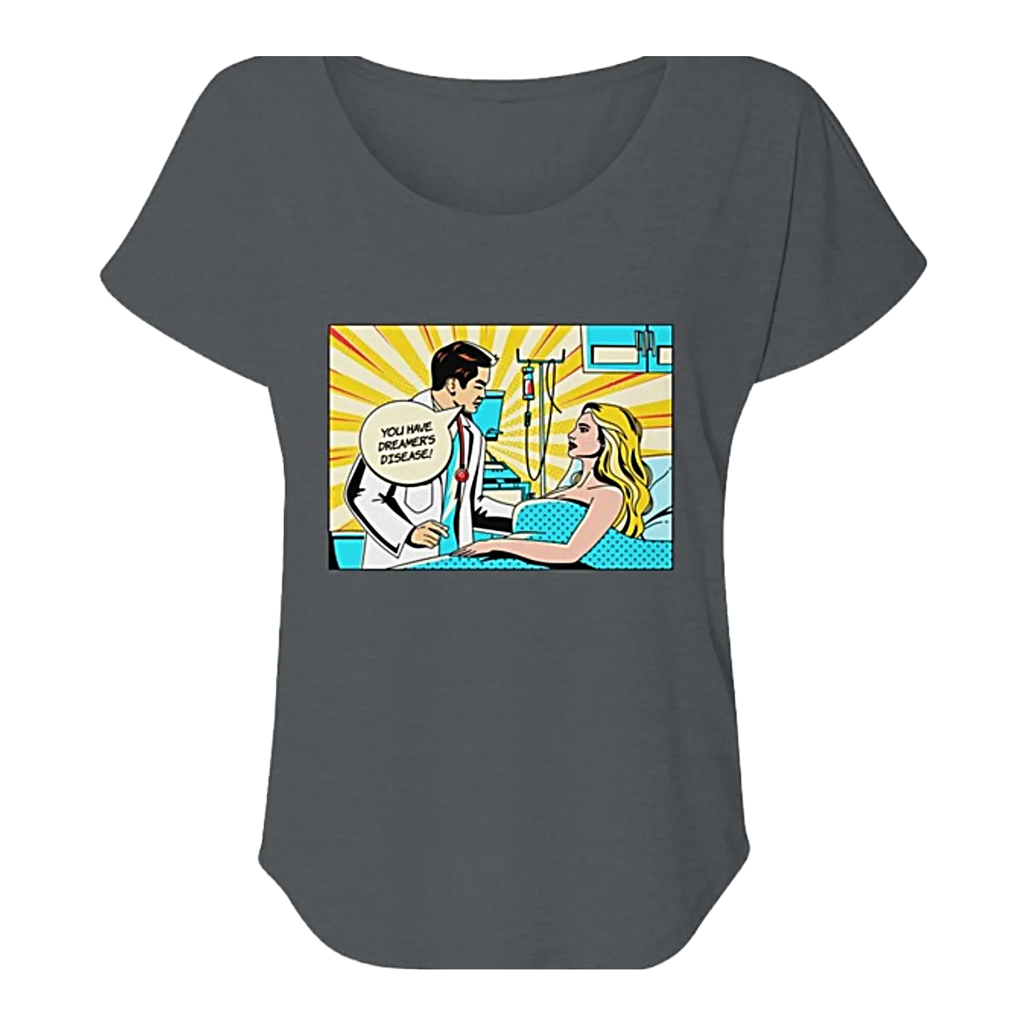 Gray t-shirt with a graphic design of a doctor and patient in a hospital room on a white background.