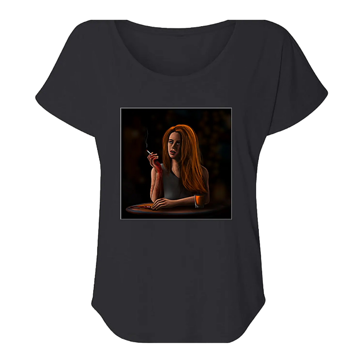 Black t-shirt with a graphic of a woman smoking a cigarette