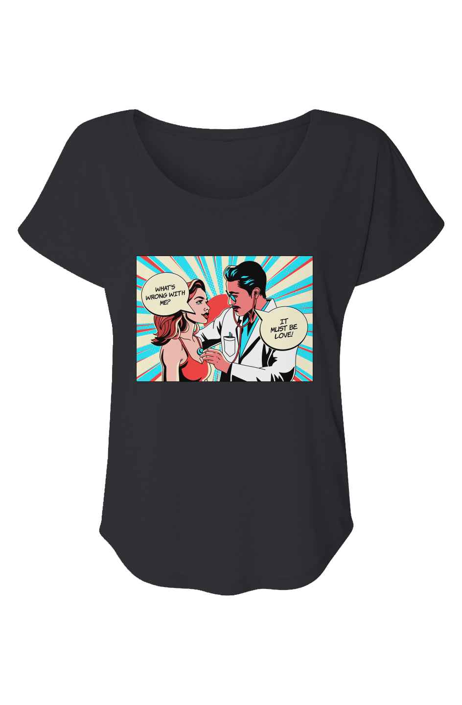 Black t-shirt with a colorful graphic of a doctor and patient on a pop-art background.
