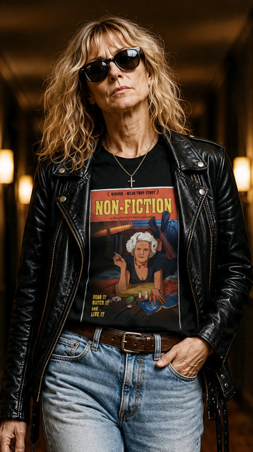 Person wearing a black leather jacket and sunglasses, with a graphic t-shirt featuring text and an image.