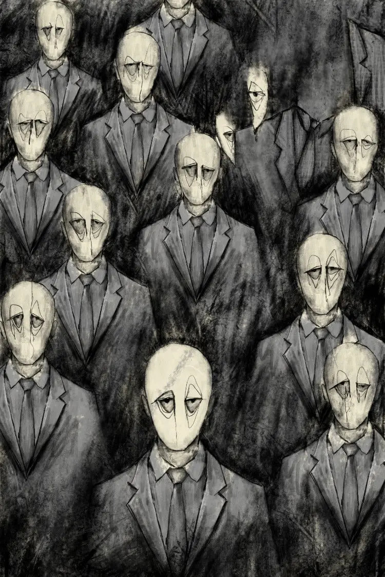 Illustration of multiple men in suits with bald heads and minimal facial features.