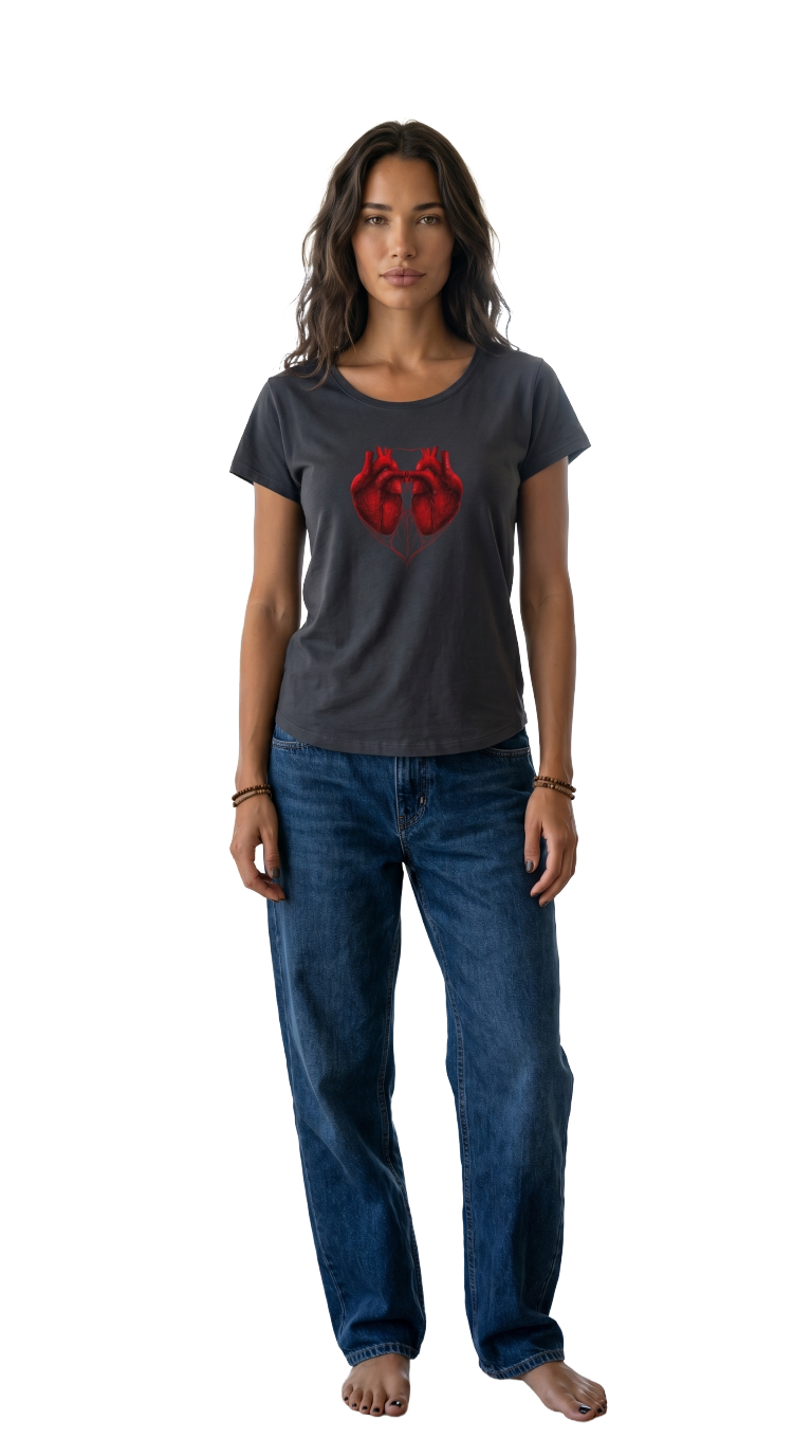 Woman wearing a dark gray t-shirt with a red graphic design and blue jeans on a white background