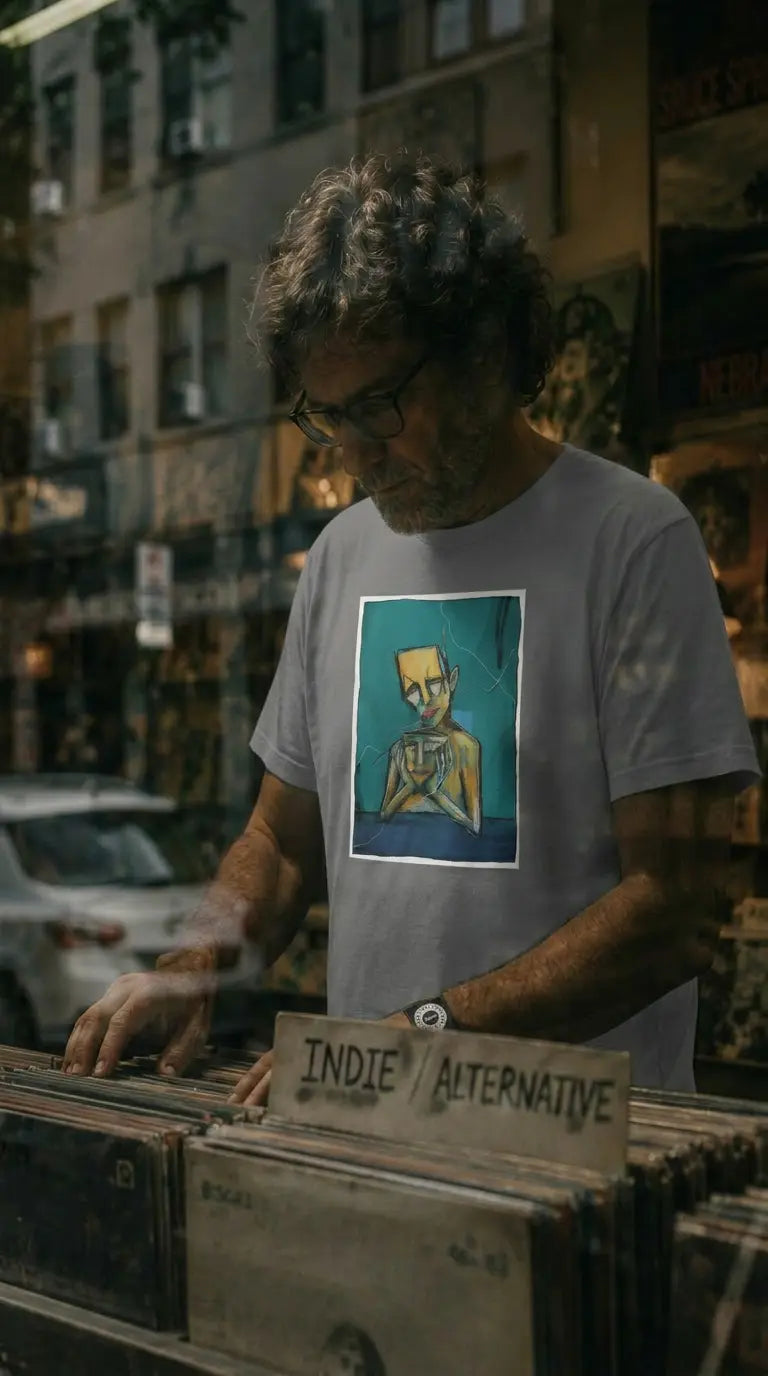 Man wearing a t-shirt with a graphic design, standing behind a record player on a city street.