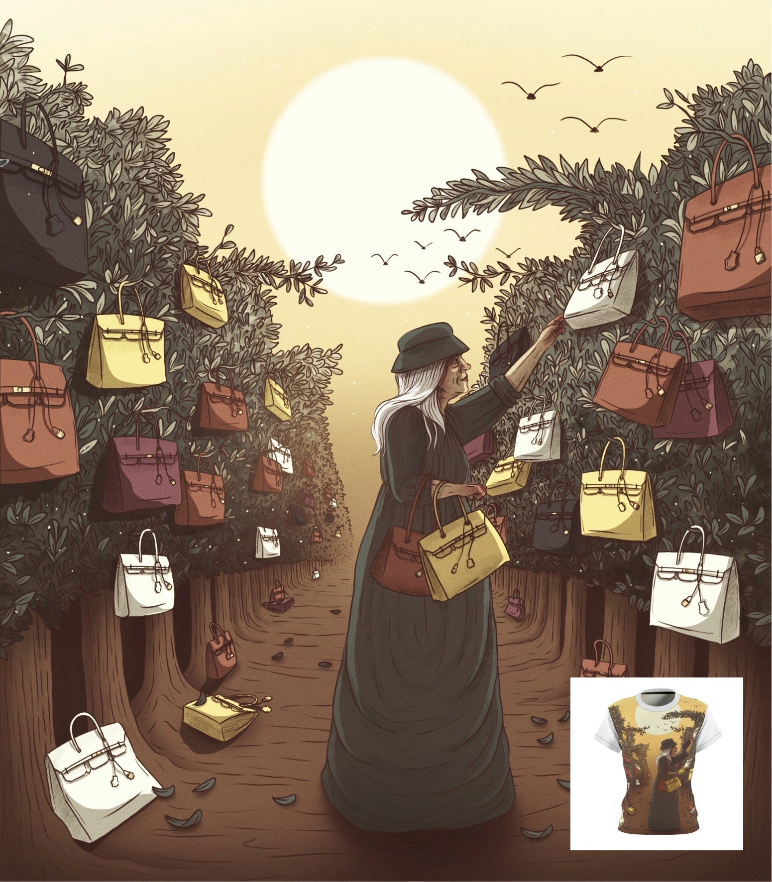 The character Anouk harvesting her crop of handbags.