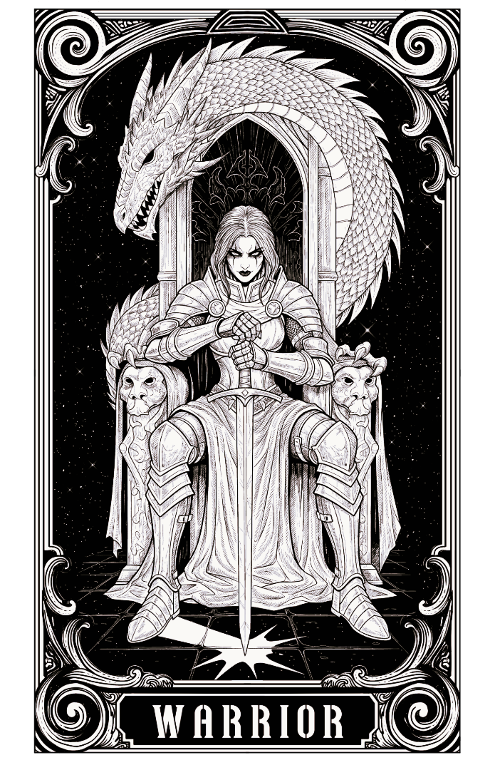Black and white illustration of a female warrior called Bellatrix sitting on a throne with a large dragon behind her.