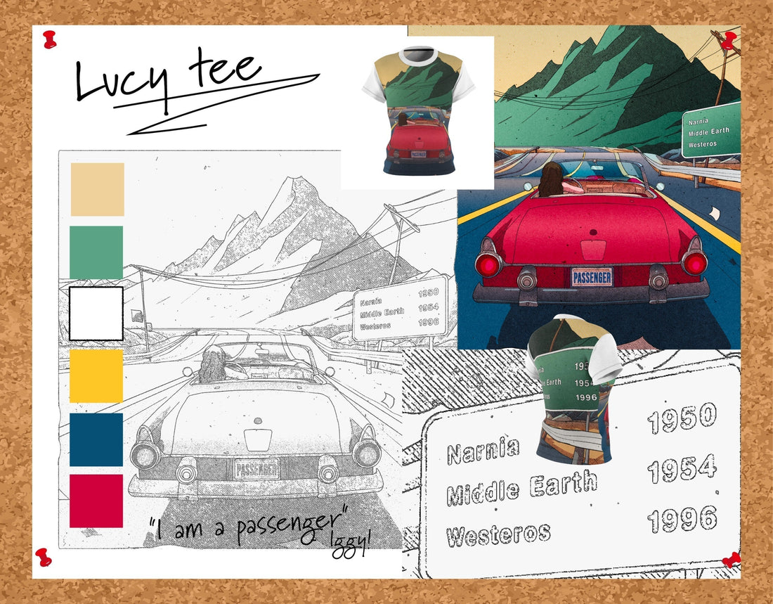 Image of an idea board for the Lucy t-shirt.