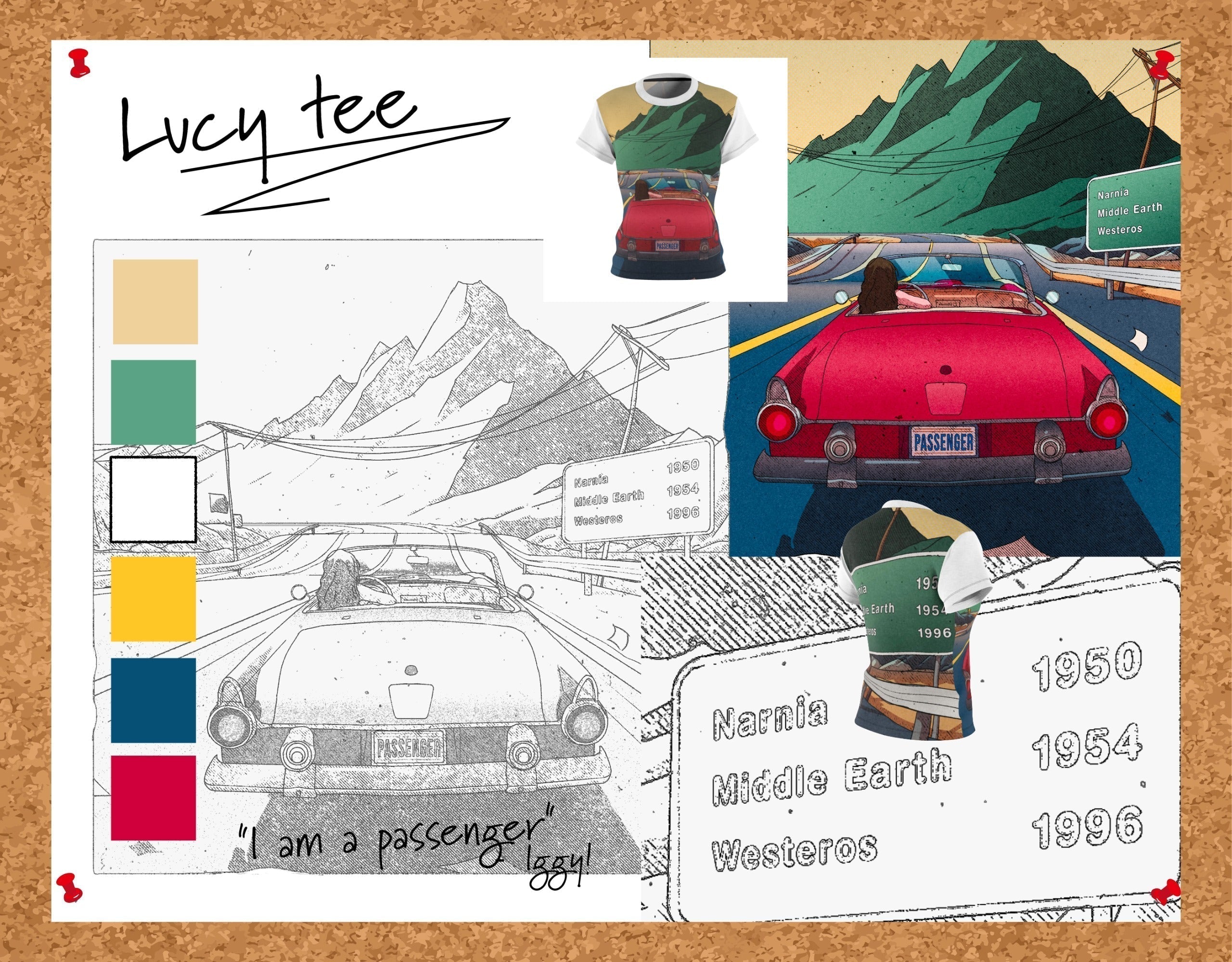 Image of an idea board for the Lucy t-shirt.