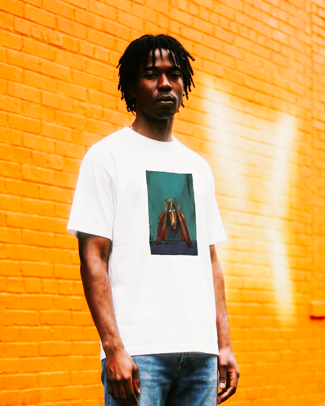Model wearing Paranoid in White original art streetwear tee against orange brick wall.