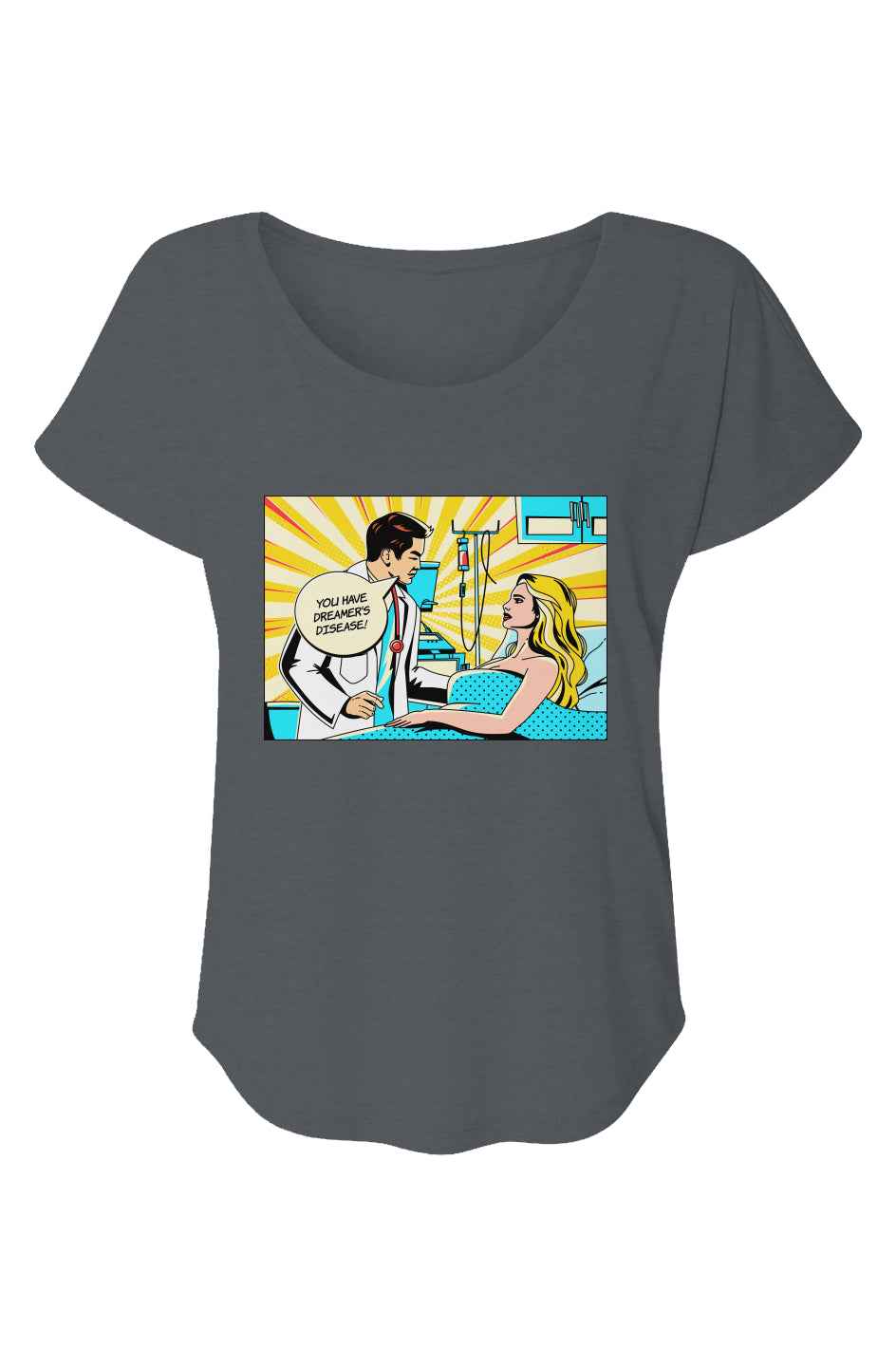 Gray t-shirt with a graphic of a doctor and patient on a pop-art background
