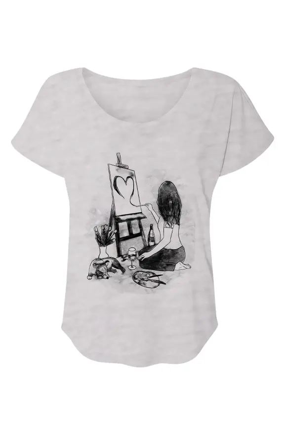 White t-shirt with black graphic design of a woman painting a heart on a canvas.