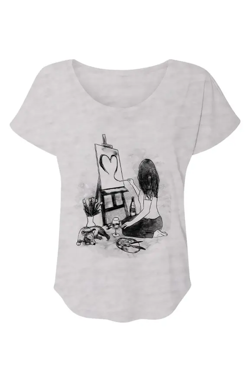 Load image 1 in gallery view. White t-shirt with black graphic design of a woman painting a heart on a canvas.