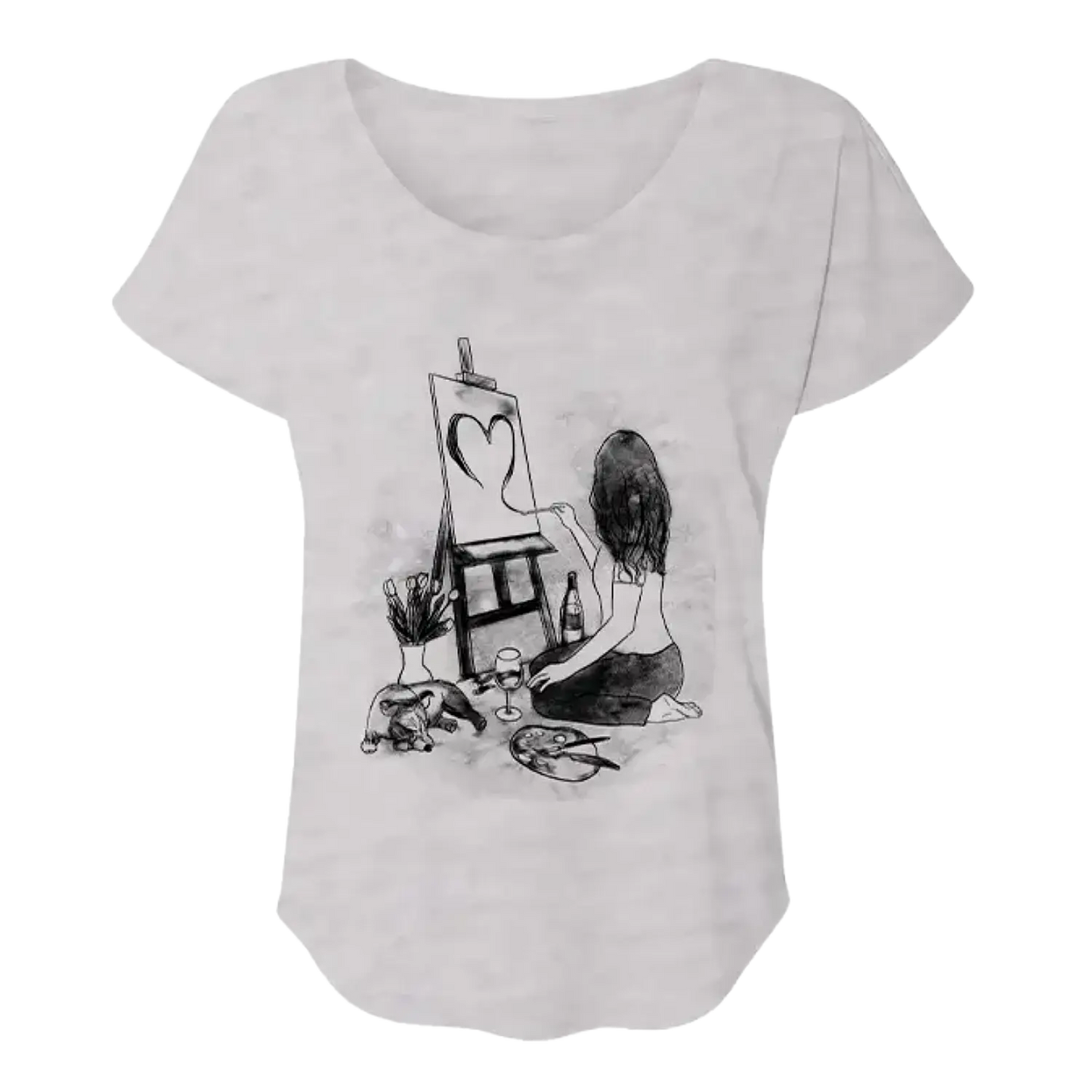 White t-shirt with black graphic of a woman painting a heart on an easel.