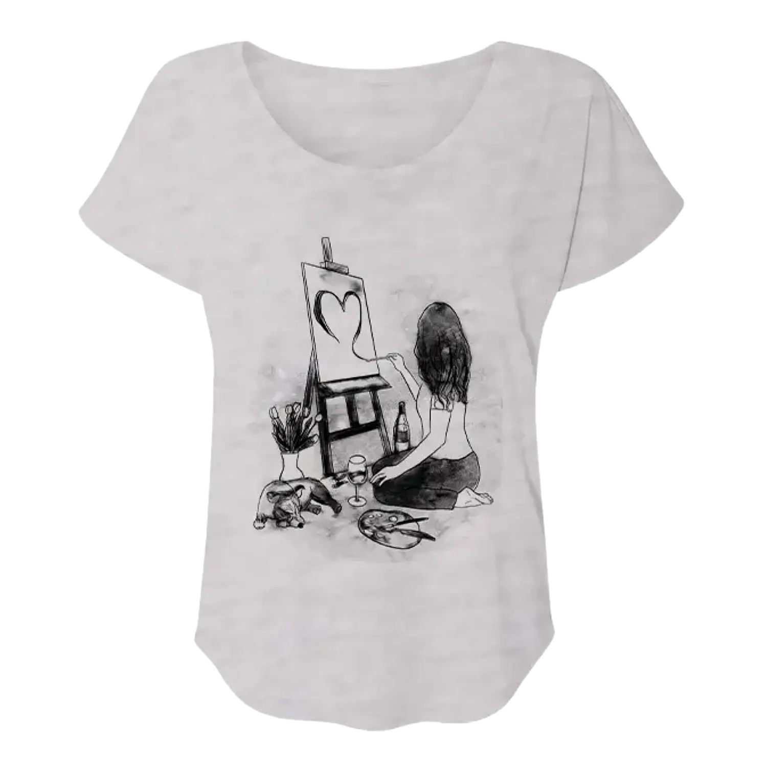 White t-shirt with black graphic of a woman painting a heart on an easel.