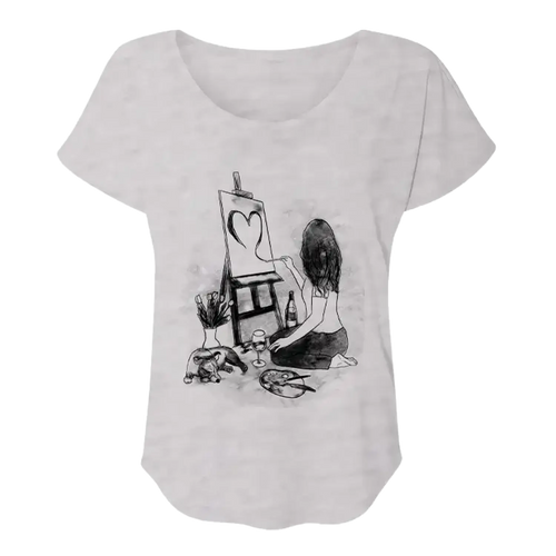 Load image 1 in gallery view. White t-shirt with black graphic of a woman painting a heart on an easel.