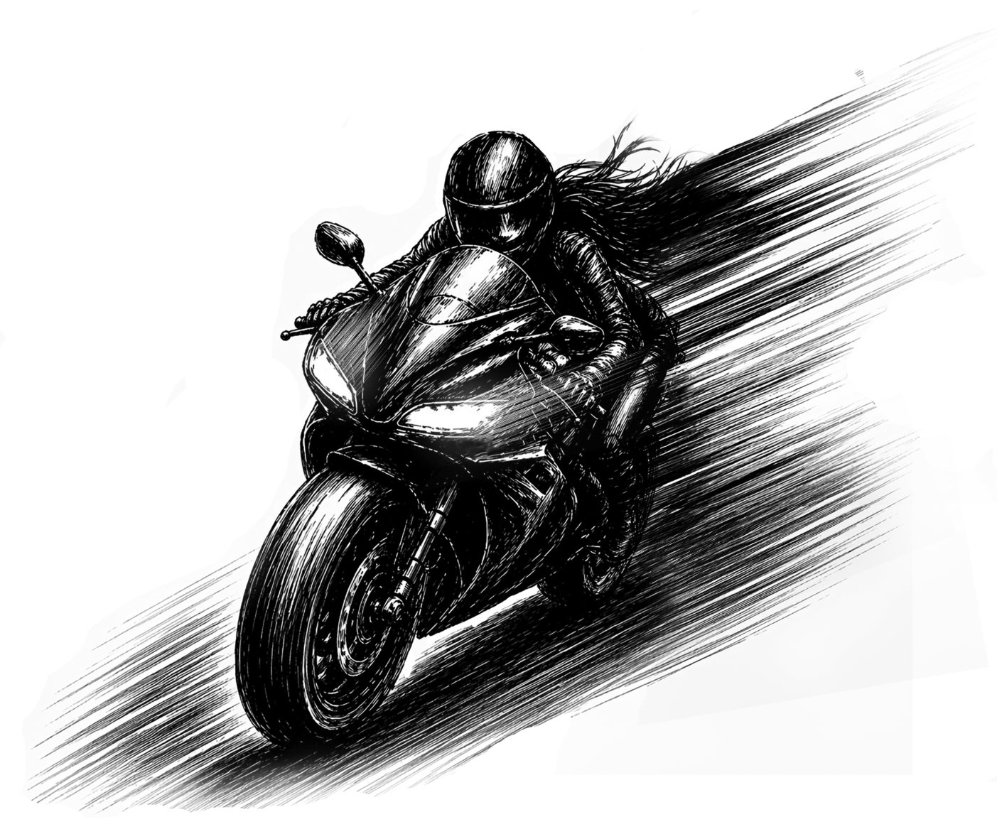 Black and white illustration of a motorcycle rider in motion