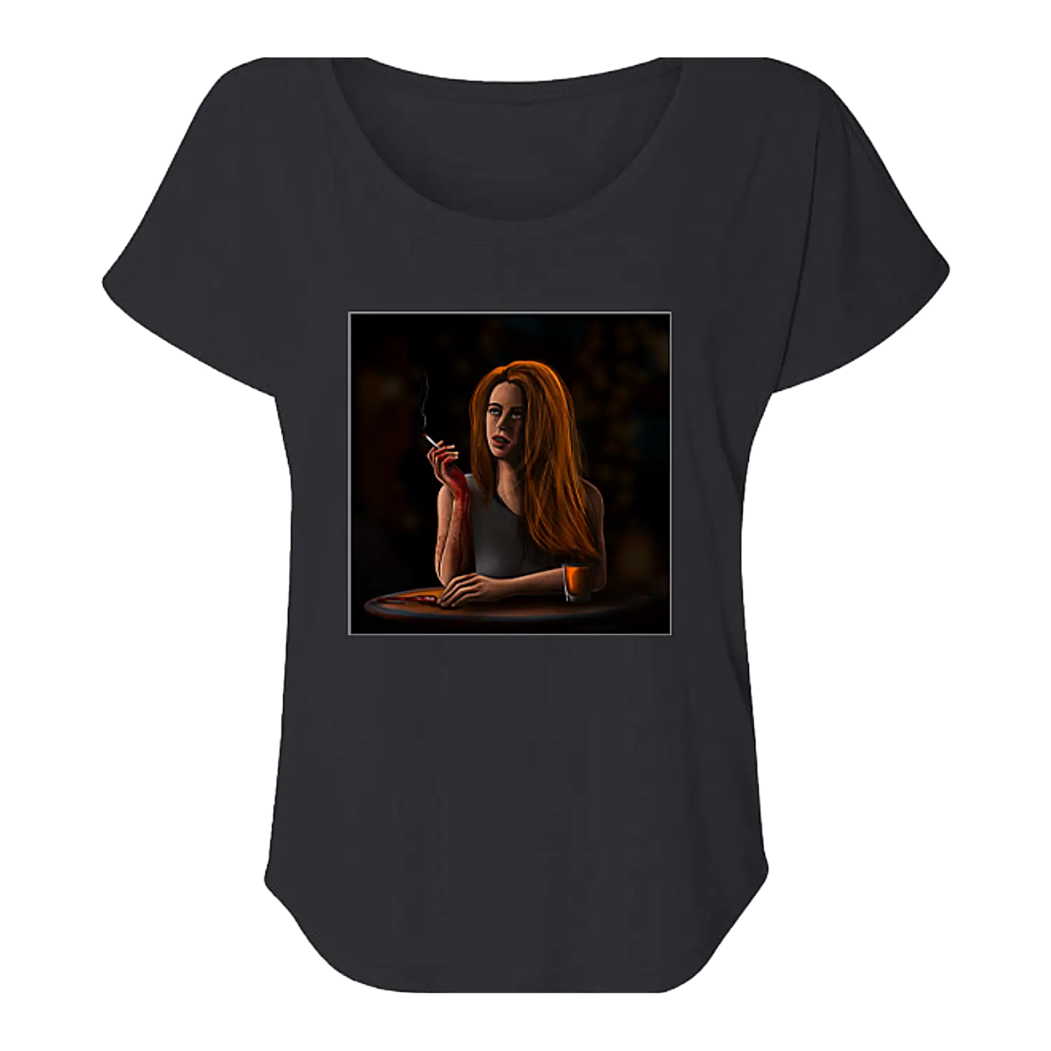 Black t-shirt with a graphic of a woman smoking a cigarette