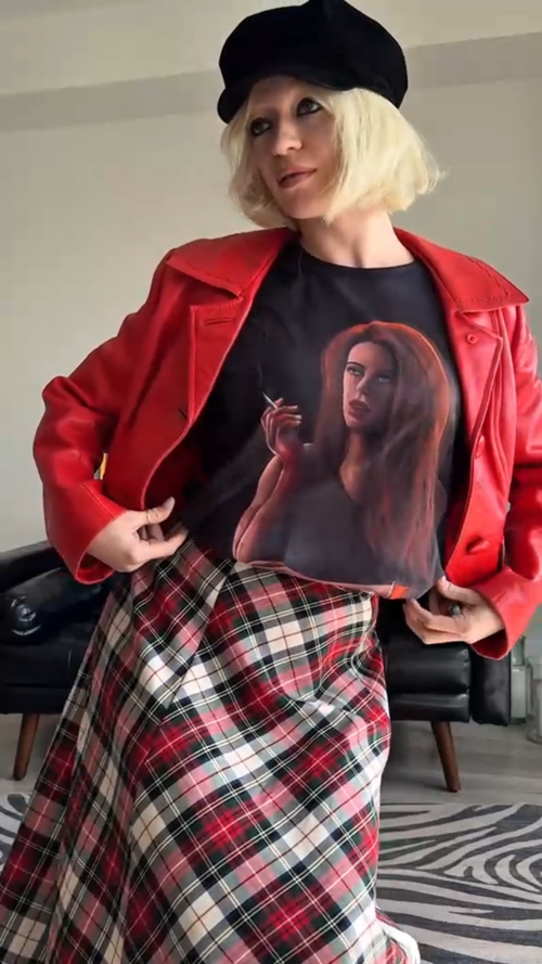 Load image 1 in gallery view. Person wearing Storyteller's Closet Grace t-shirt red jacket and plaid skirt.