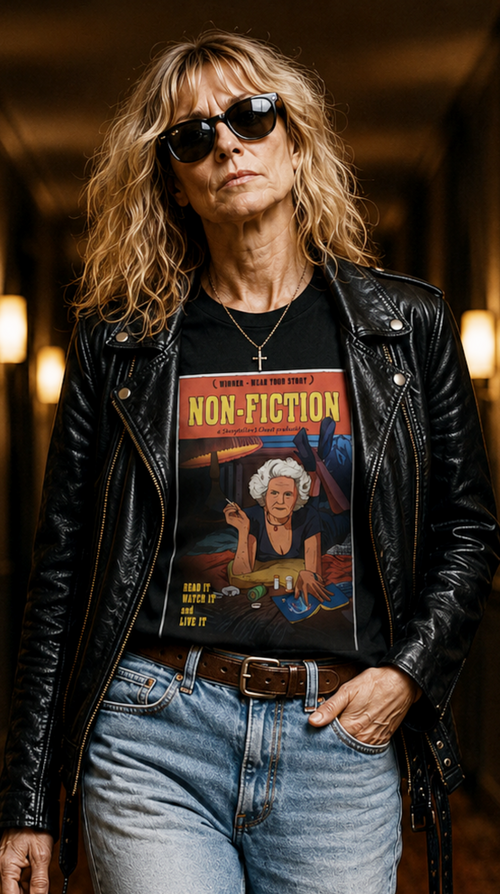 Load image 1 in gallery view. Person wearing a black leather jacket and sunglasses, with a graphic t-shirt featuring text and an image.