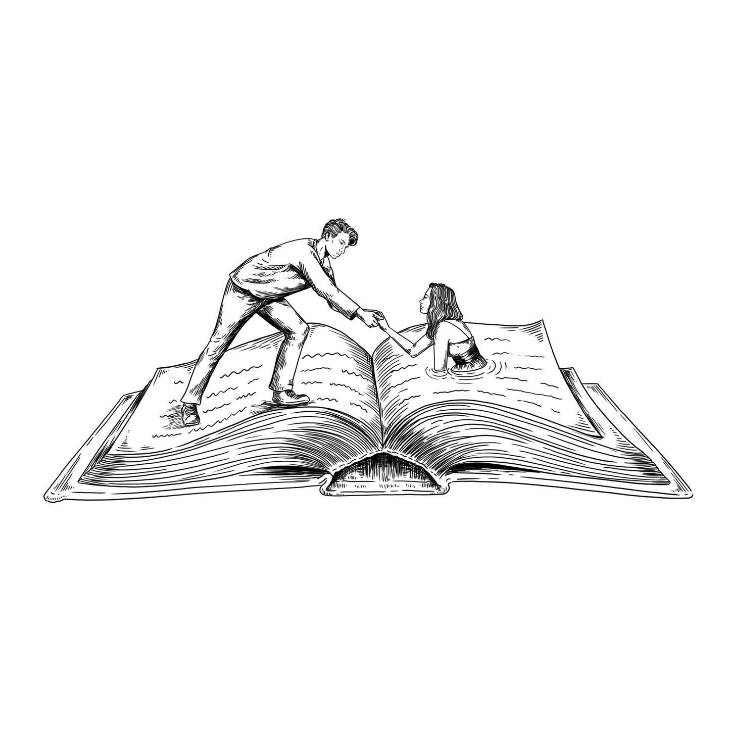 Illustration of a man and woman holding hands on an open book