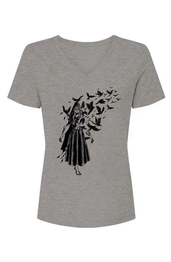 Gray t-shirt with black graphic design of a woman and birds on a white background
