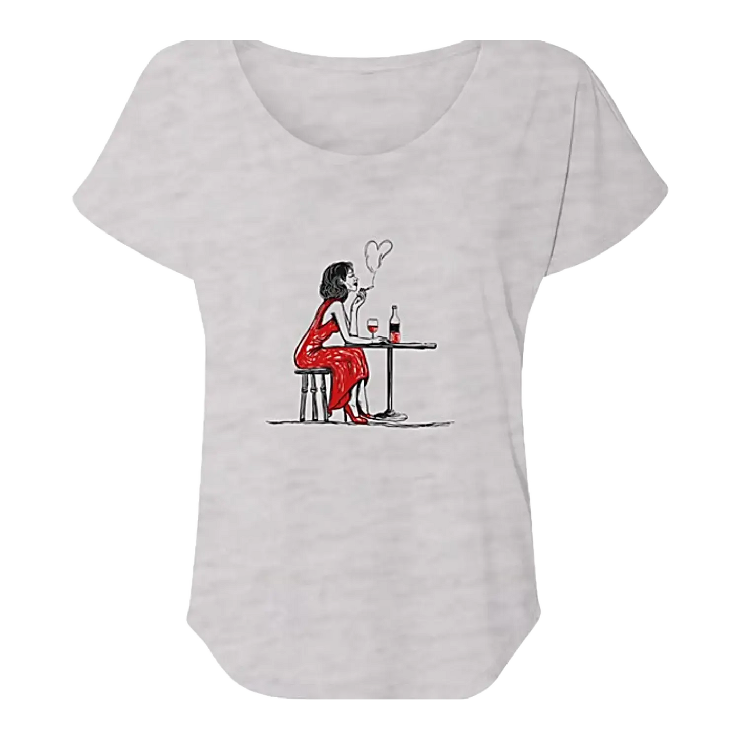 White t-shirt with a graphic of a woman in a red dress blowing  heart-shaped smoke with a bottle of wine on a table.