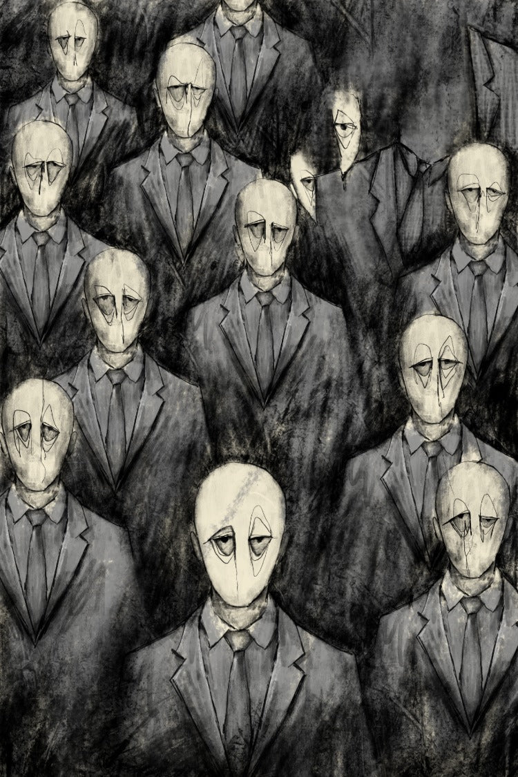Illustration of multiple men in suits with bald heads and minimal facial features.