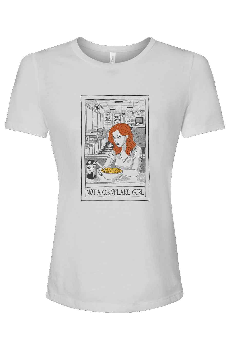 White t-shirt with a graphic of a woman with red hair and text 'Not a Cornflake Girl' on a white background