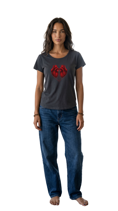 Load image 1 in gallery view. Woman wearing a dark gray t-shirt with a red graphic design and blue jeans on a white background