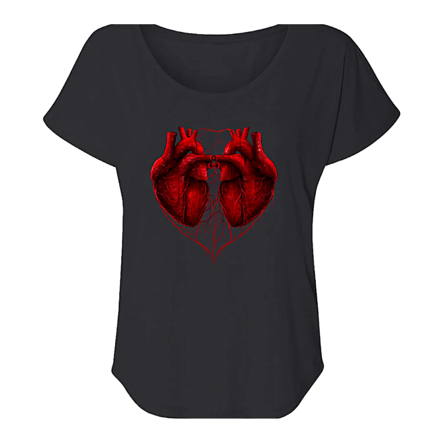Black t-shirt with a red anatomical heart design