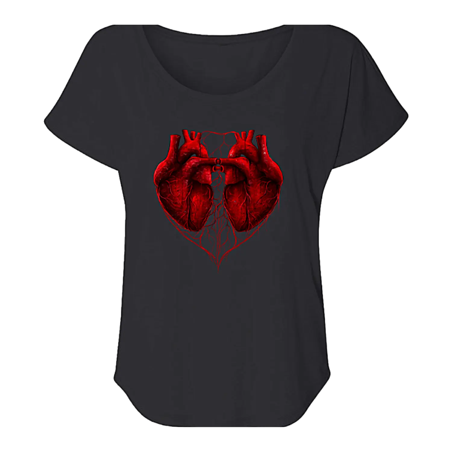 Black t-shirt with a red anatomical heart design