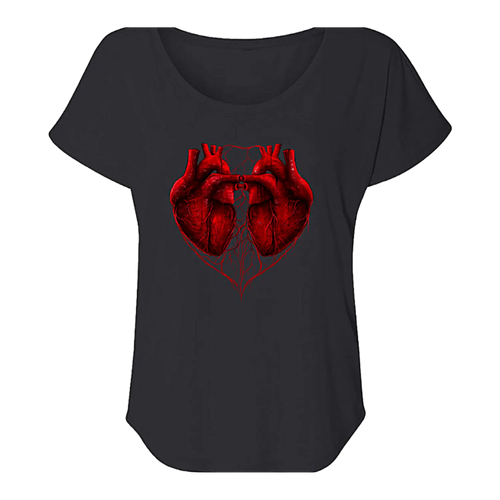 Load image 1 in gallery view. Black t-shirt with a red anatomical heart design